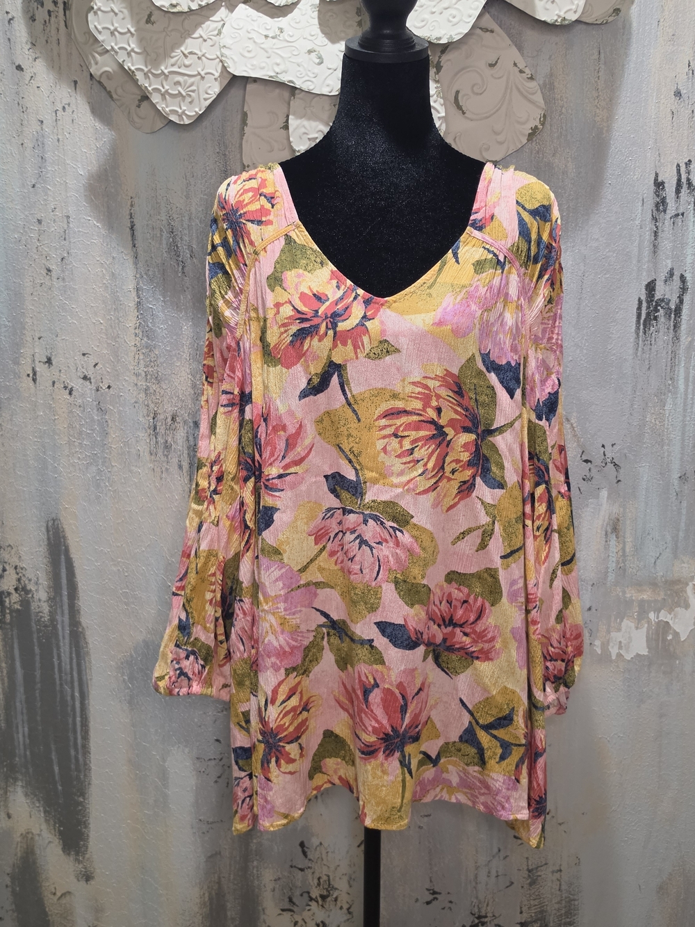 Terra & Sky Pink Floral Tunic with Yellow and Green Accents